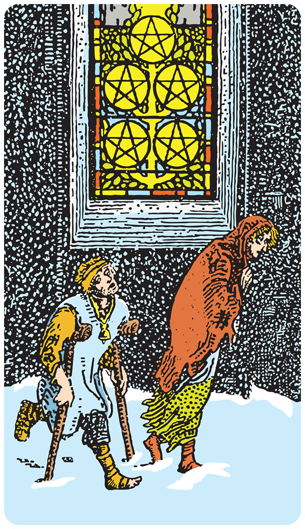 Five of Pentacles tarot card illustration