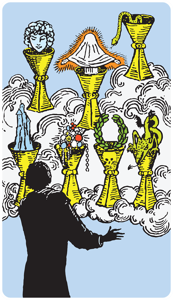 Seven of Cups tarot card illustration