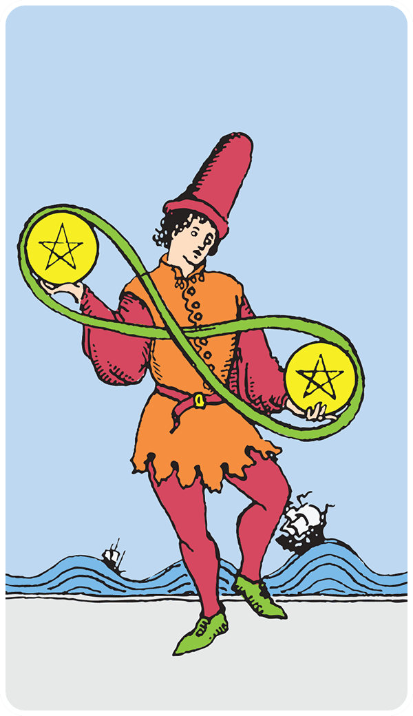 Two of Pentacles tarot card illustration